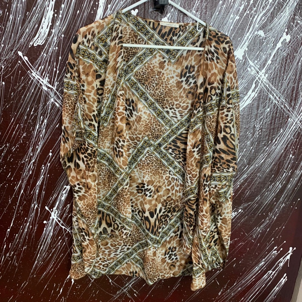 Timing Womens Leopard Baroque Chain Print Open Front Kimono Cardigan Brown Large